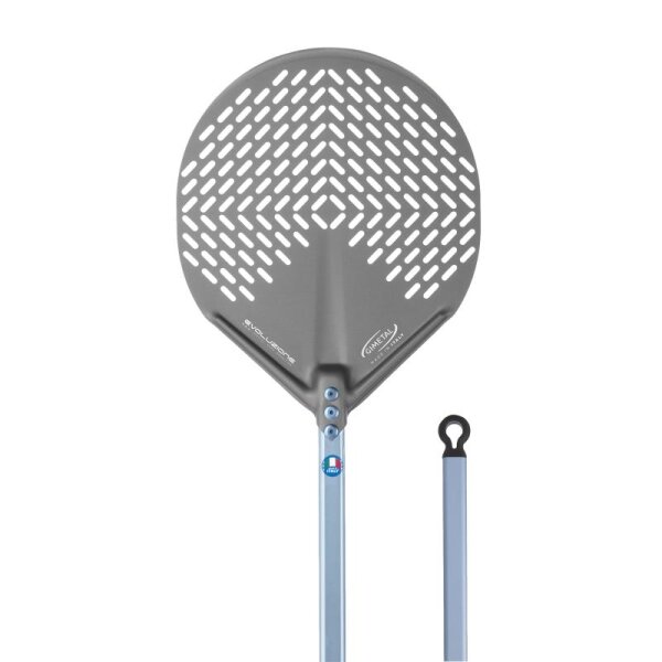 Gi.Metal | Linea Evoluzione | Pizzaschaufel abgerundet | perforiert | Ø 33 cm | Stiel 60 cm.